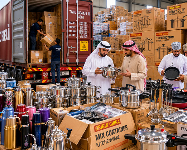 Middle Eastern kitchenware importers receive containers of stainless steel kitchenware sets from China
