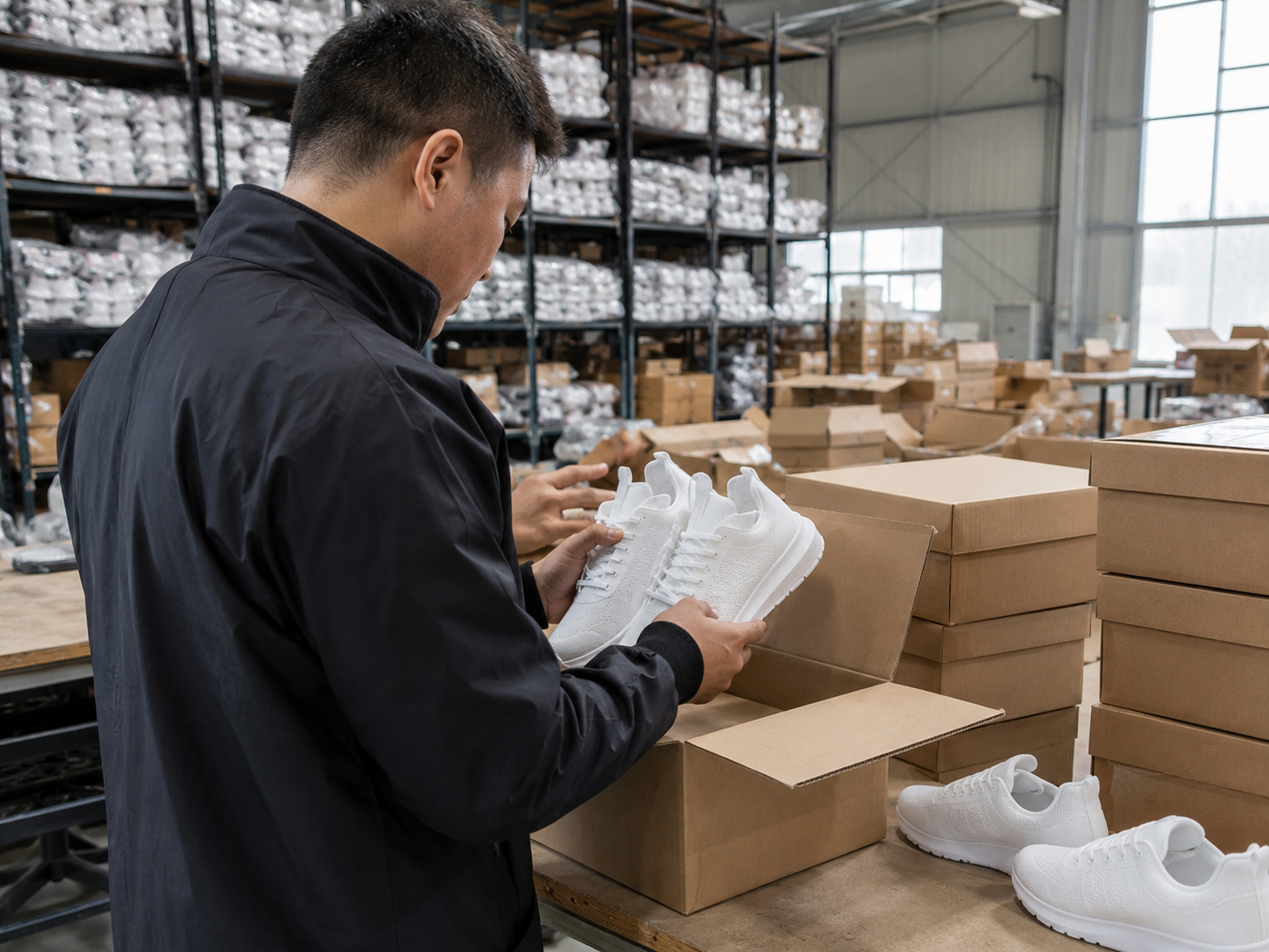 Worker checking brand new stock shoes before packing