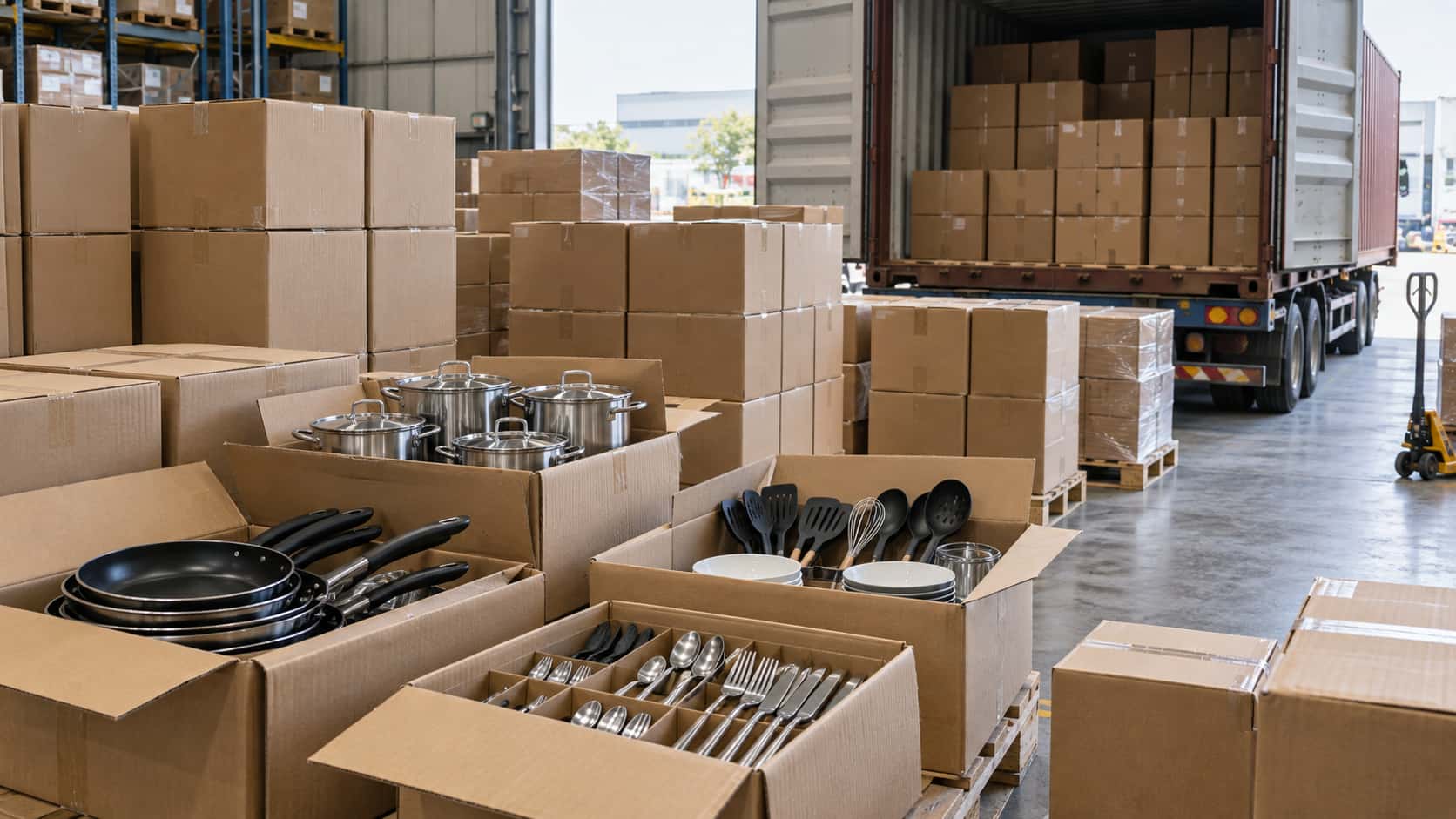 Mixed kitchenware cartons prepared for container loading