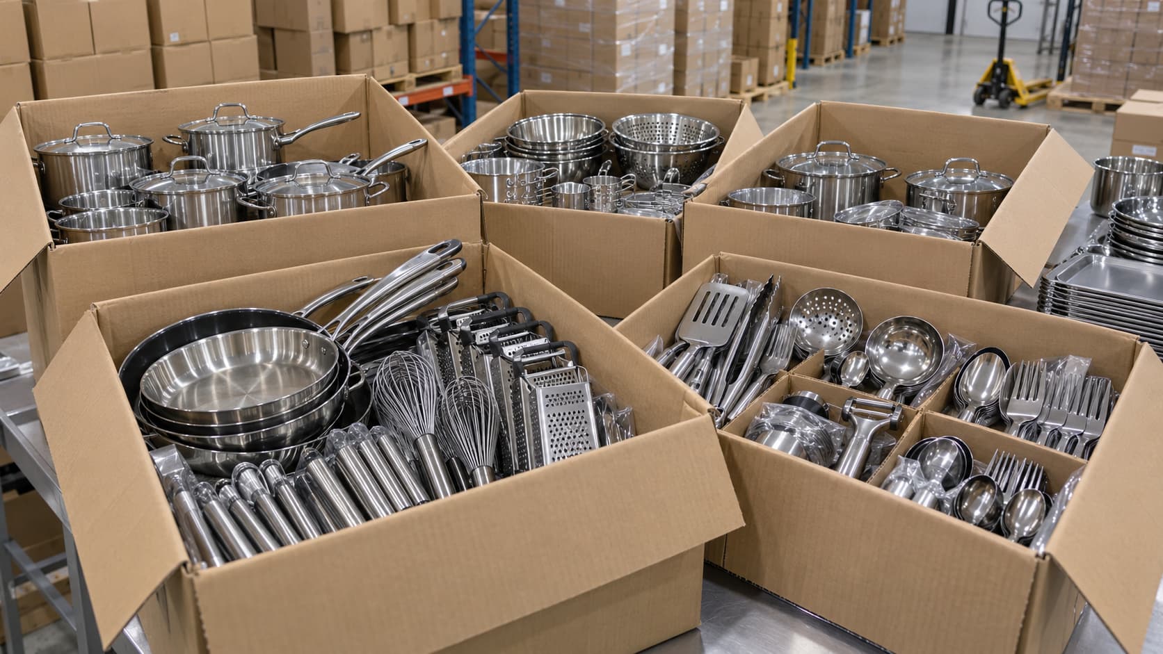 Mixed kitchenware packed in export cartons for wholesale shipment